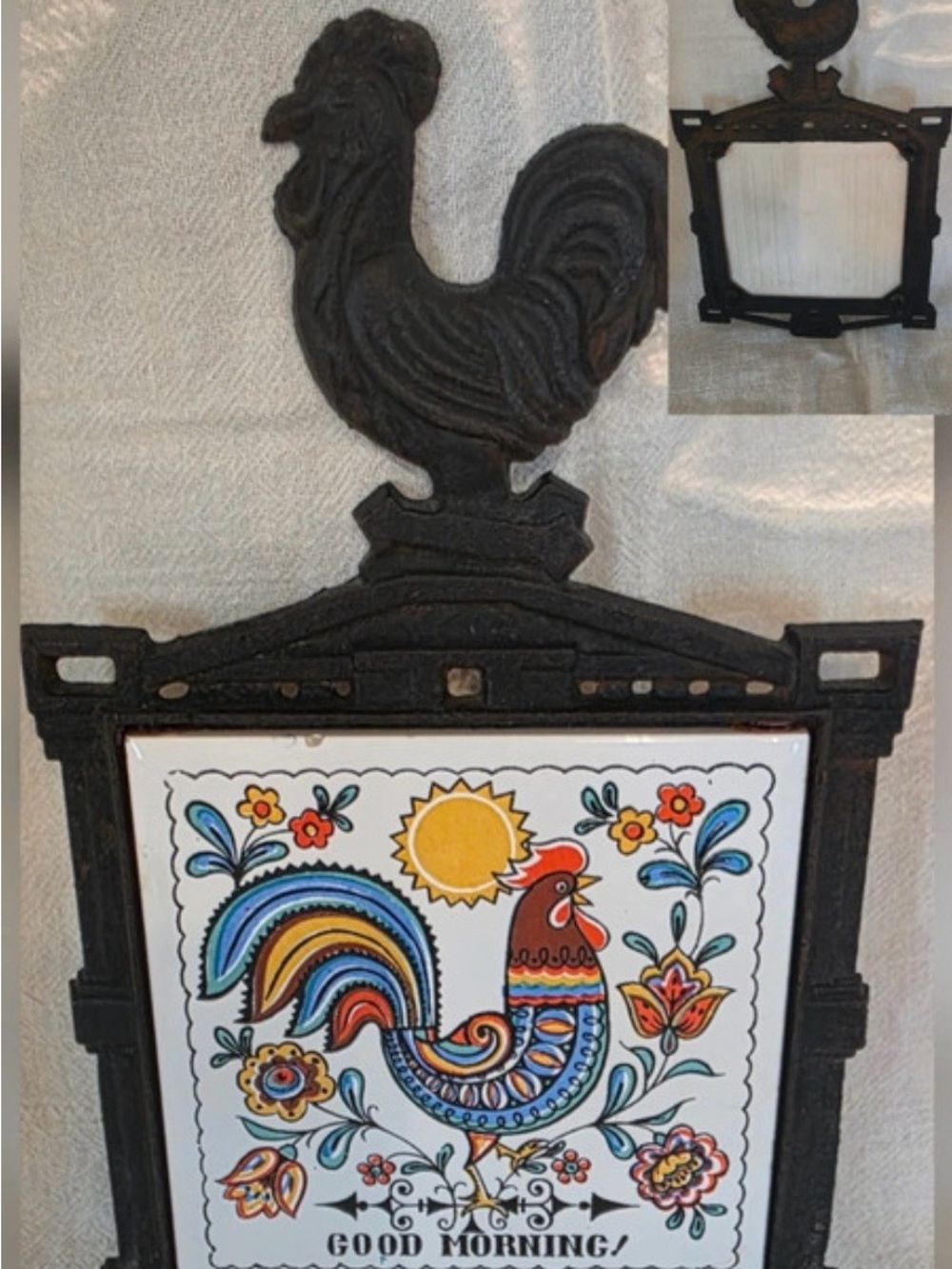 Rooster Ceramic Tile Wall Plaque with Cast Iron Frame